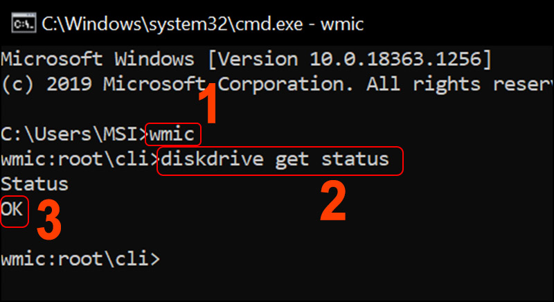 Gõ wmic > Gõ diskdrive get status > Máy tính sẽ hiện tình trạng